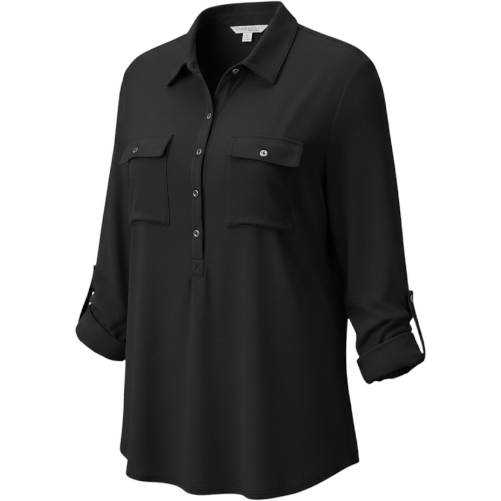 Company Ellen‎ Tracy Womens Black Roll Tab Sleeve Button Front Blouse Large L